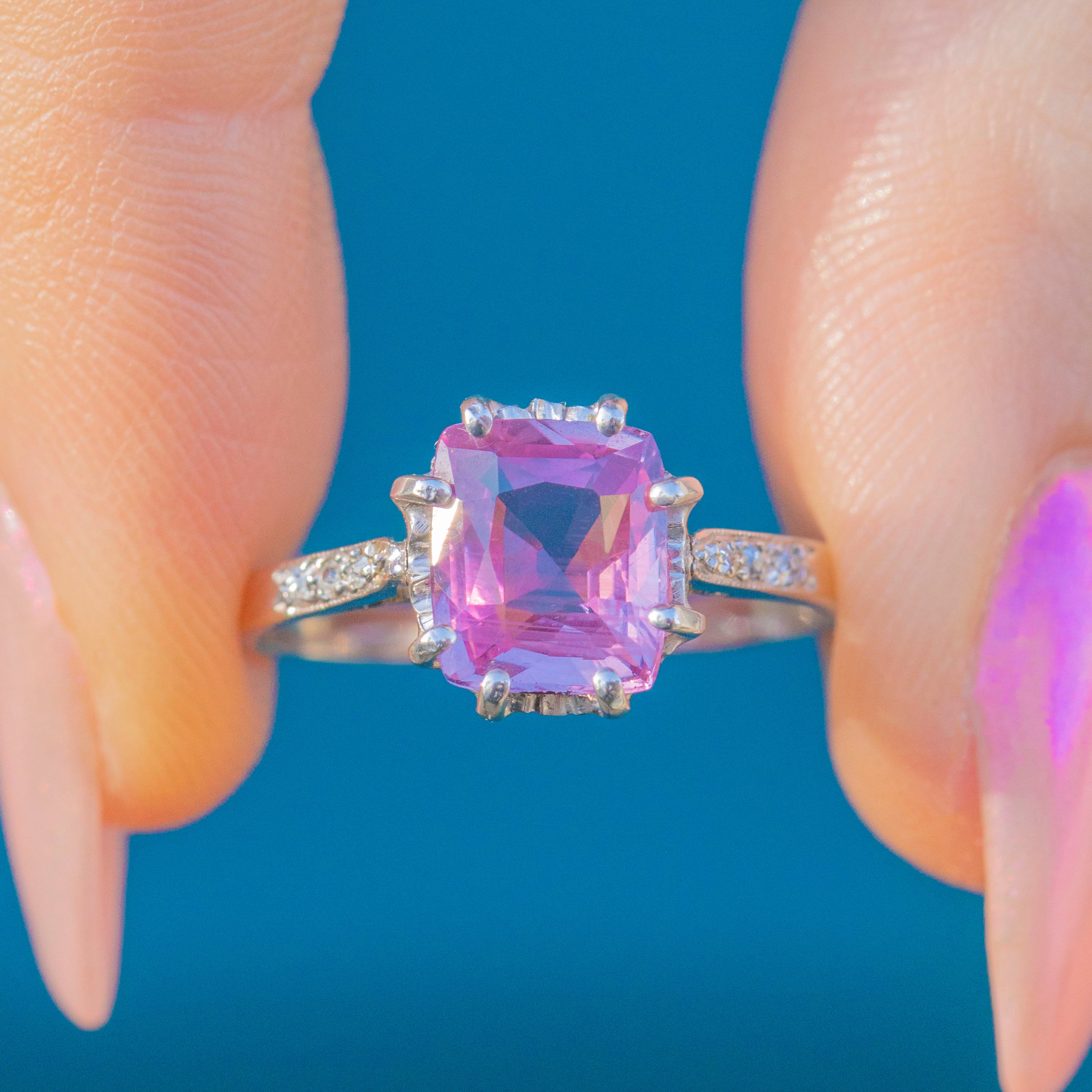 Art Deco 18ct White Gold Pink Sapphire Ring Diamond Shoulders