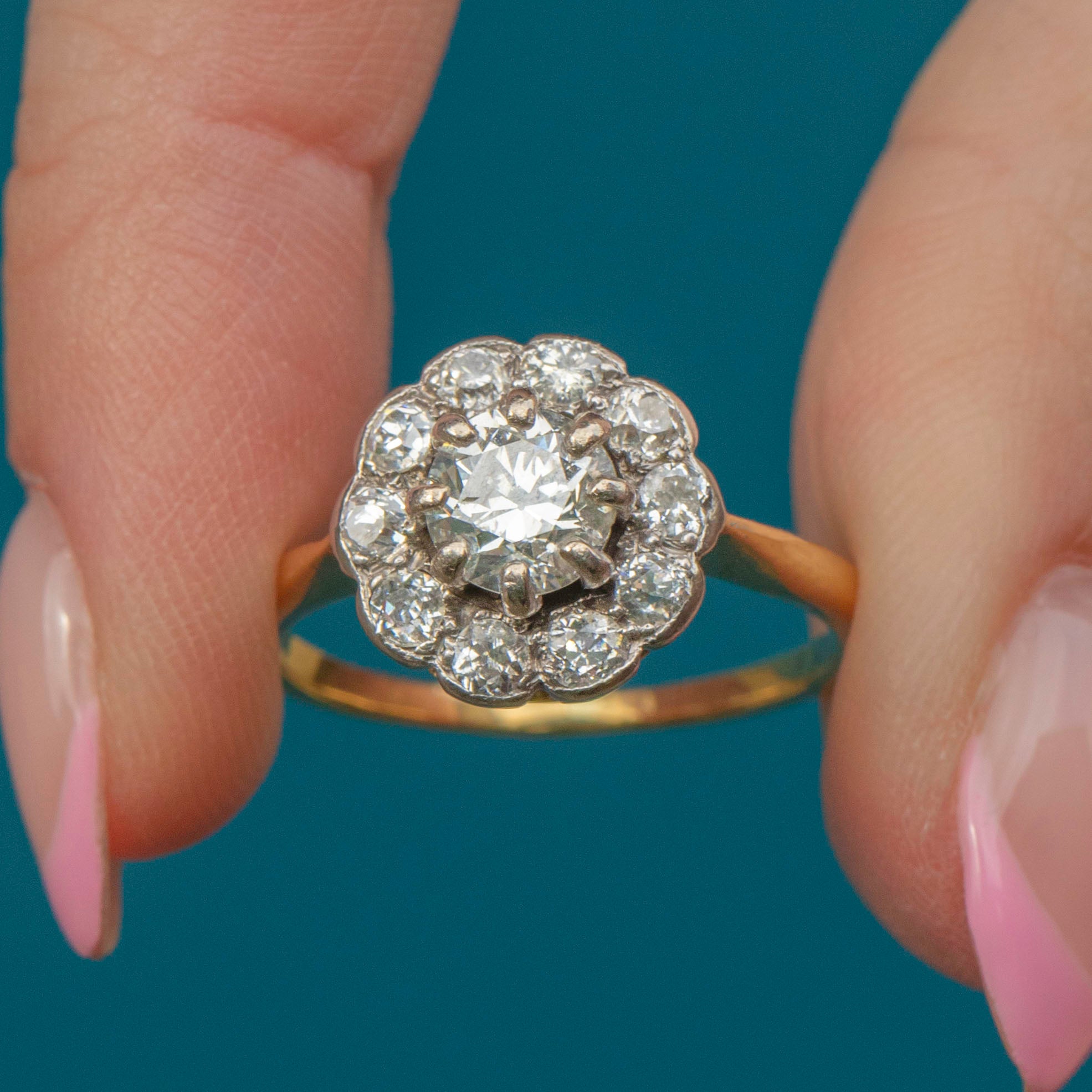 Antique 18ct Gold Platinum Diamond Flower Ring, Central Old-E