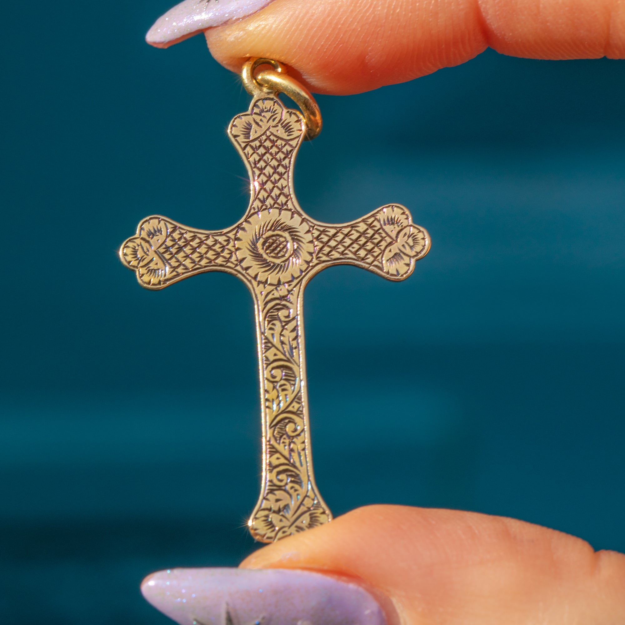 Victorian 15ct Gold Engraved Cross Pendant - Main Image