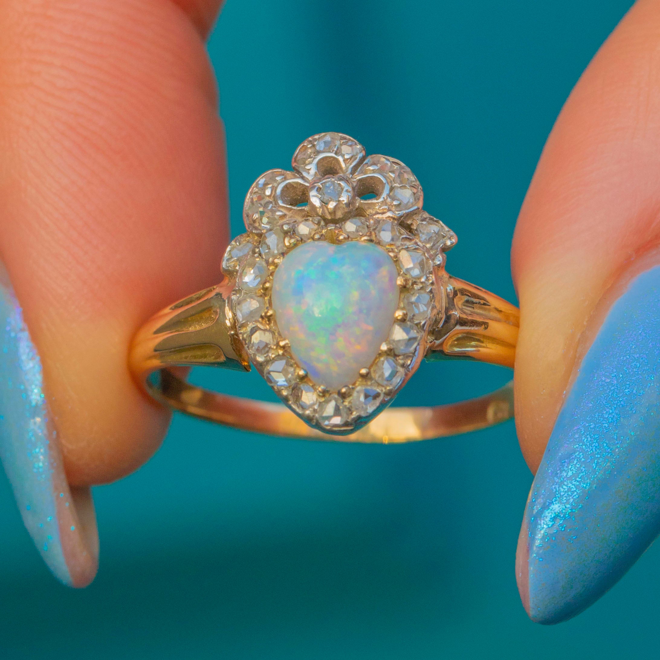 Antique 18ct Gold Opal Diamond Crowned Heart Ring