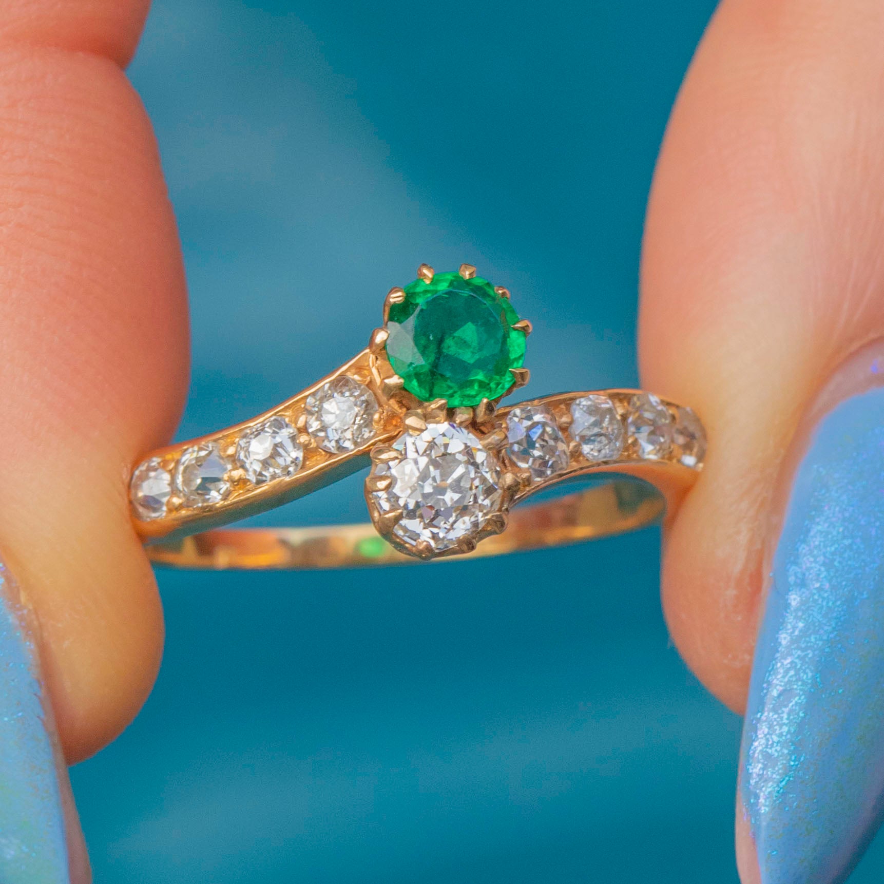 Antique 18ct Gold Emerald Diamond Toi et Moi Ring, Diamonds