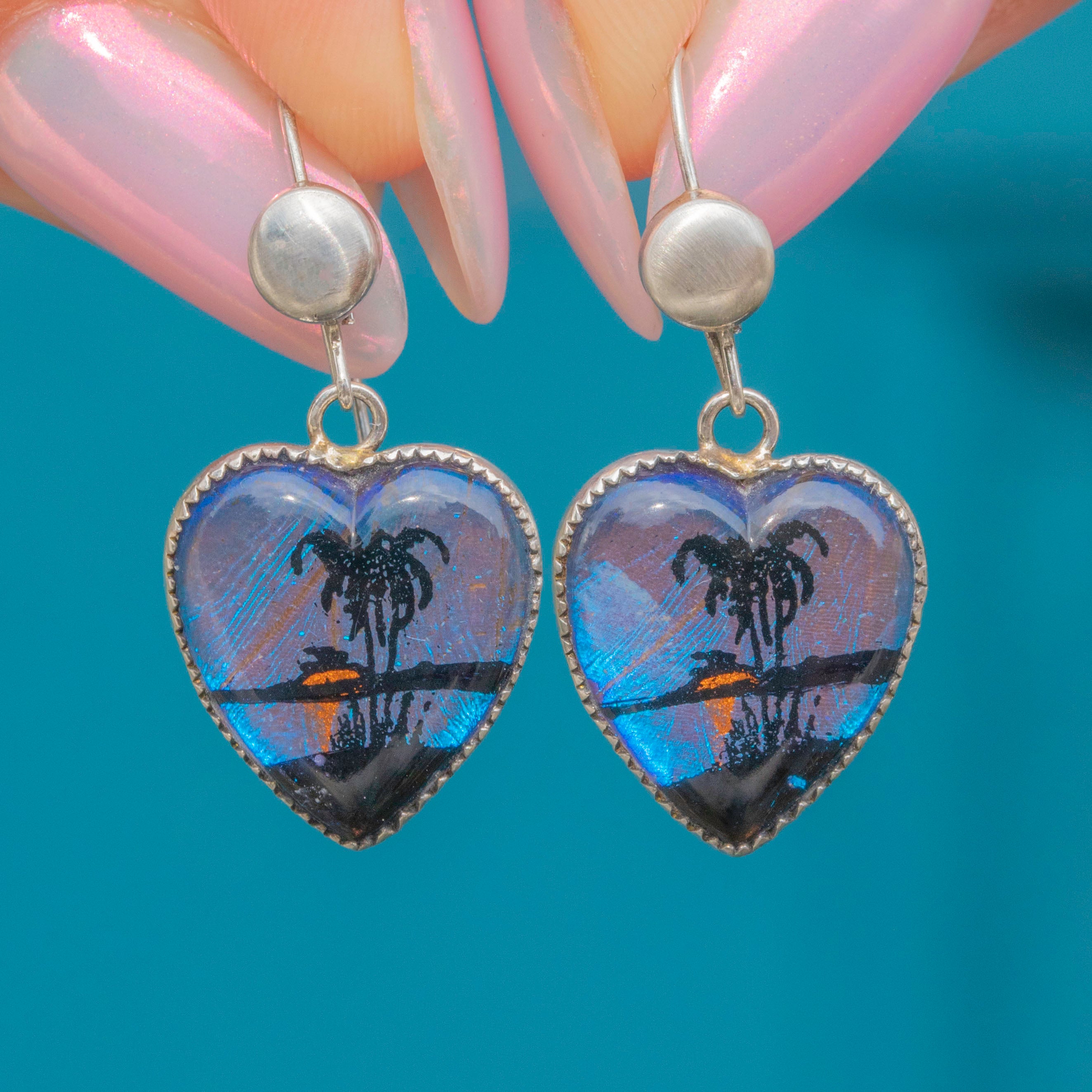 Art Deco Silver Tropical Scene Butterfly Wing Heart Earrings, Signed H