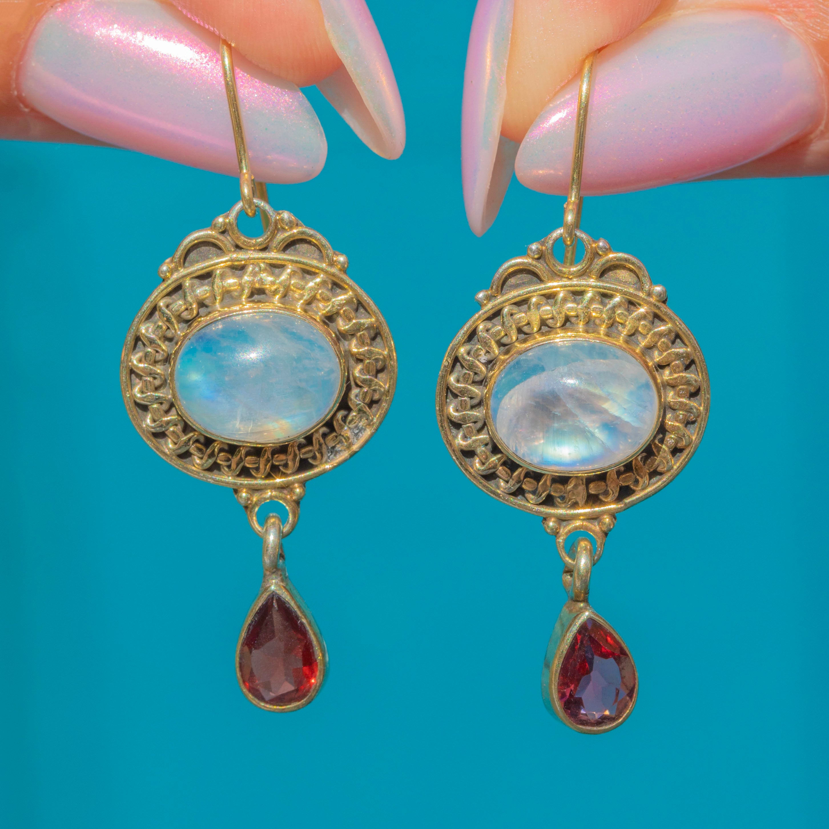 Rainbow Moonstone Garnet Drop Earrings, 9ct Gold Hooks