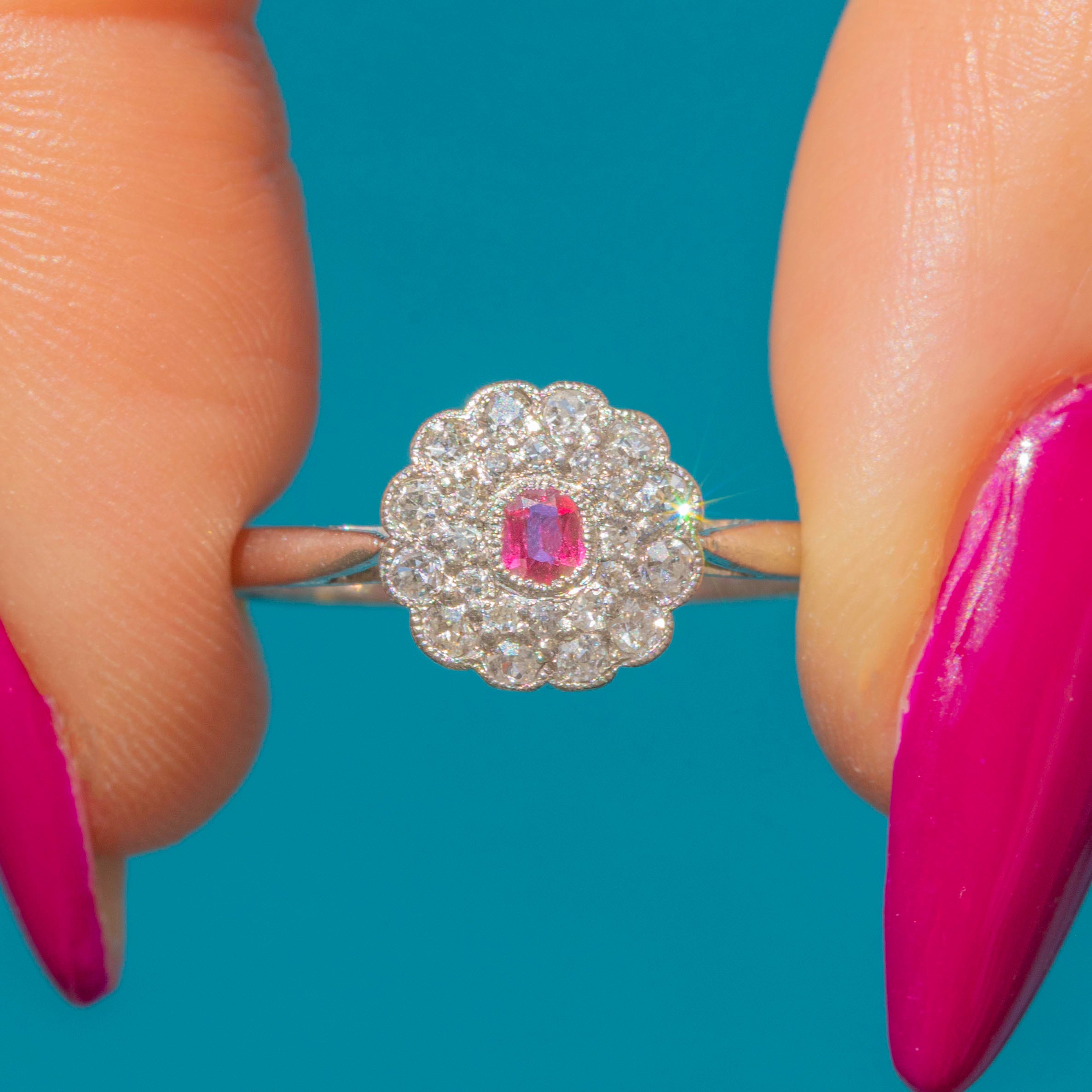 Edwardian Platinum Ruby Diamond Flower Cluster Ring