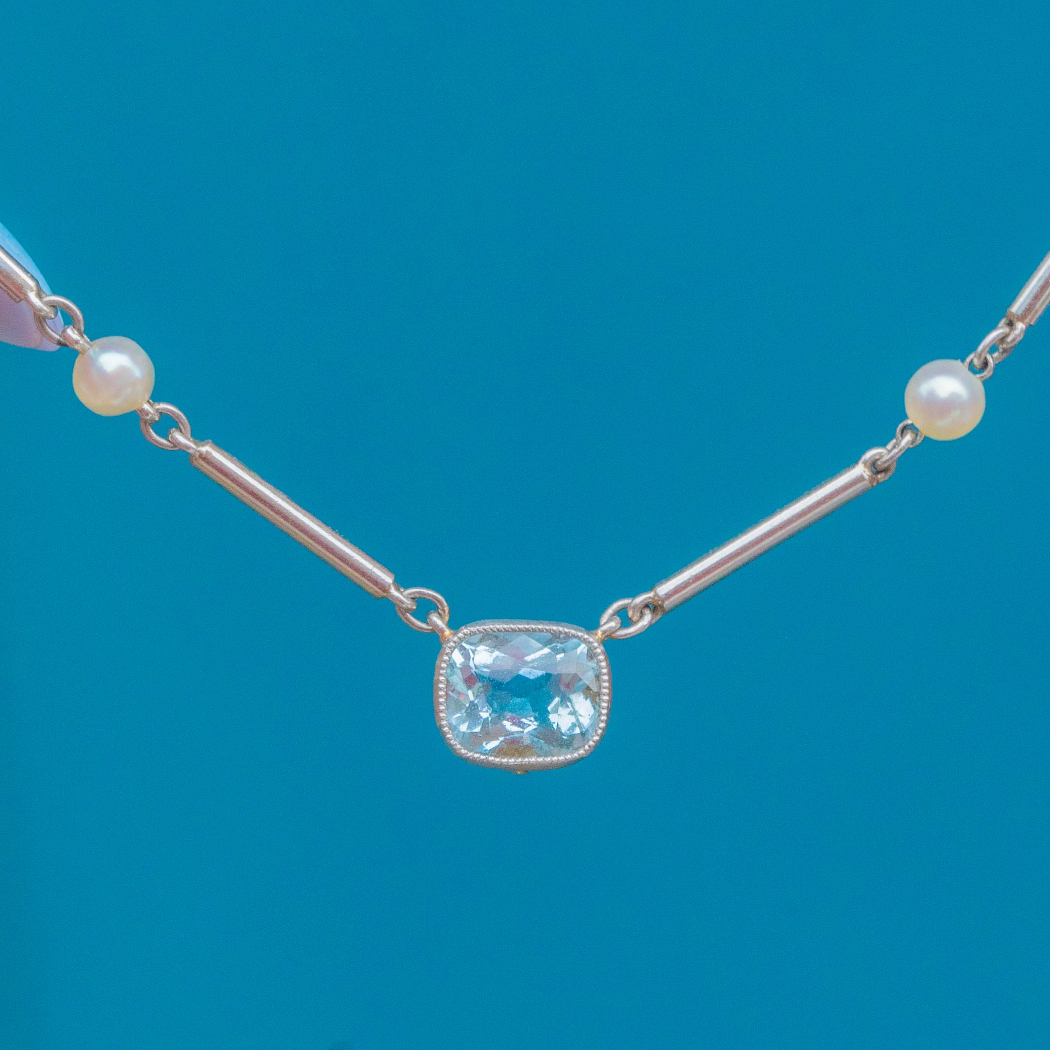 Edwardian Platinum Aquamarine Natural Pearl Necklace
