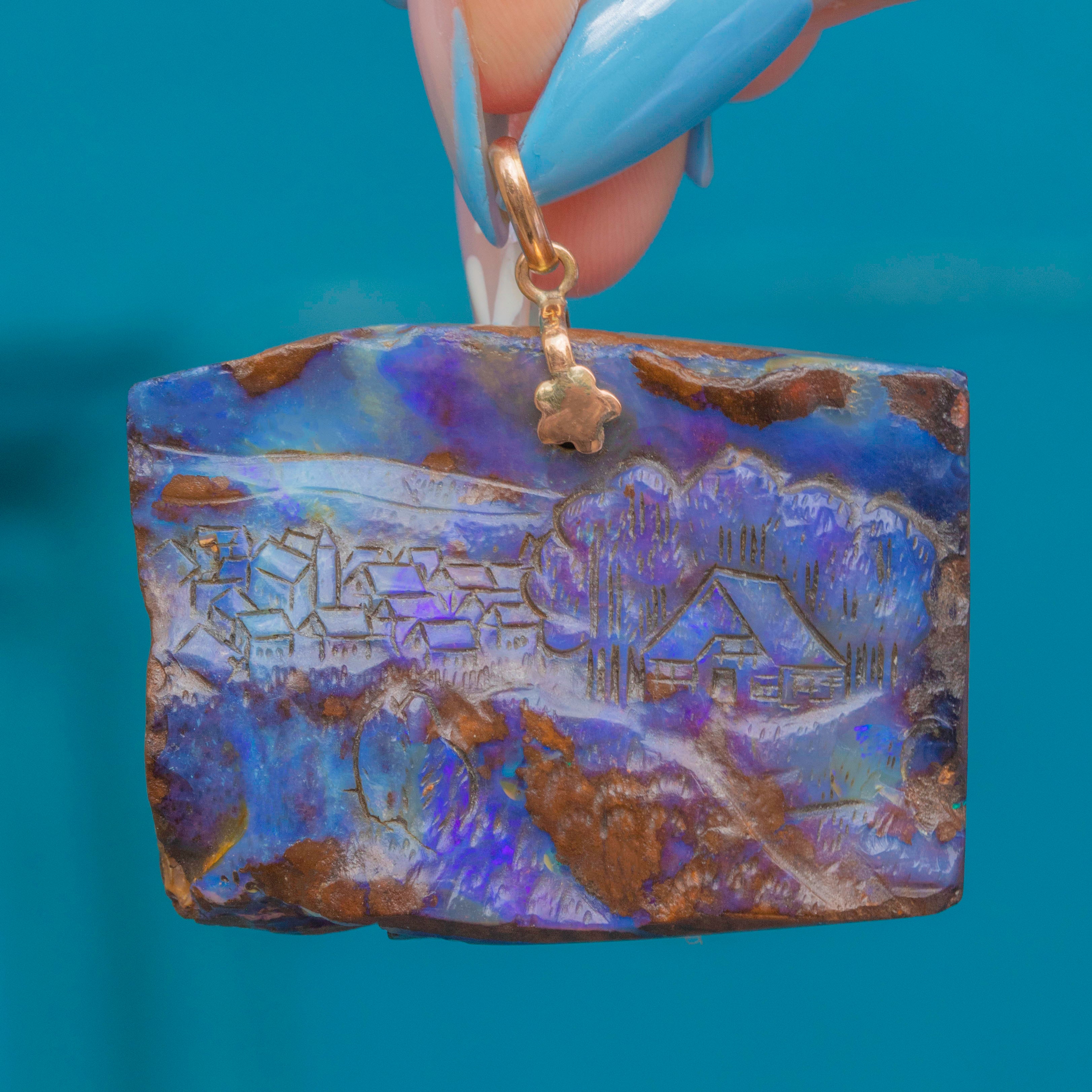 Rare Antique Carved Boulder Opal Pendant with Village Scene - Main Image