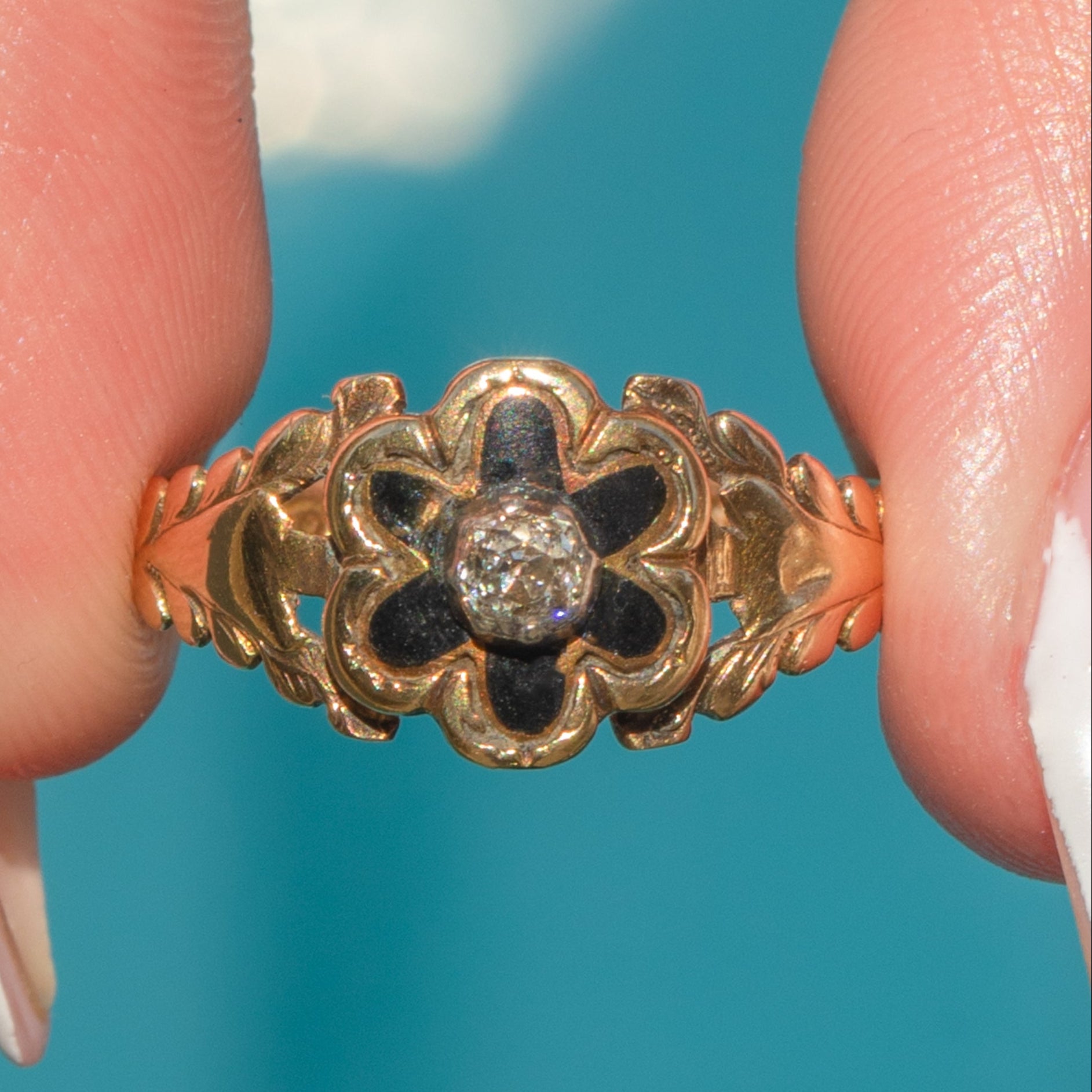 Victorian 18ct Gold Enamel Diamond Flower Mourning Ring c,1888