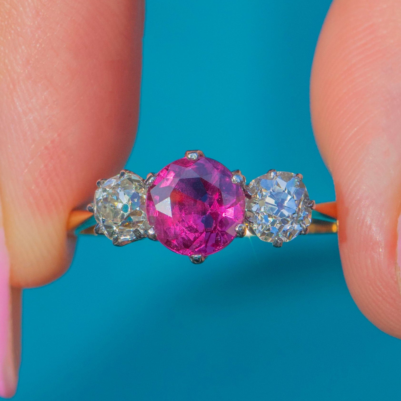 Art Deco 18ct Gold Ruby Diamond Three-Stone Ring