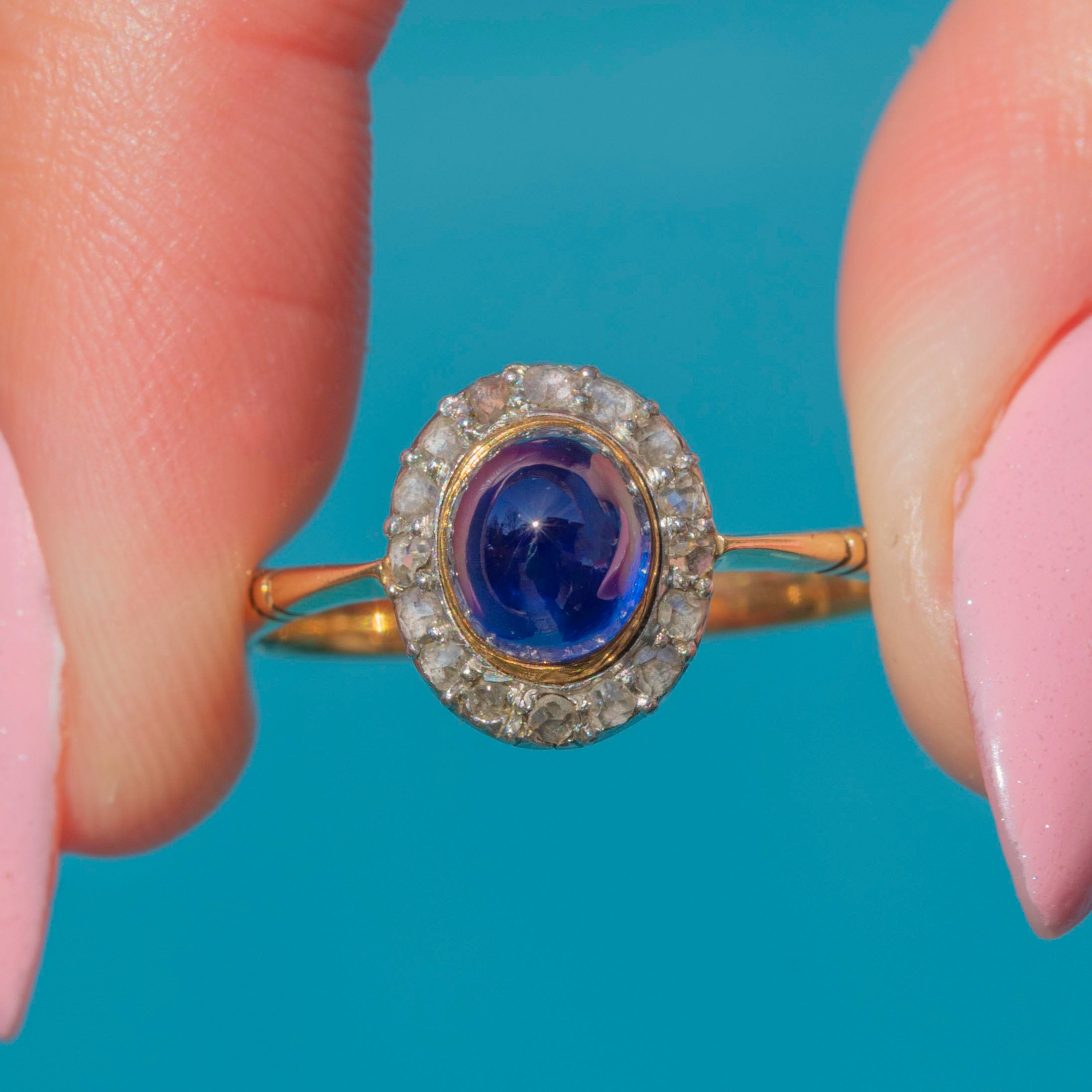 Antique 18ct Gold Natural Sapphire Cabochon Diamond Cluster Ring,