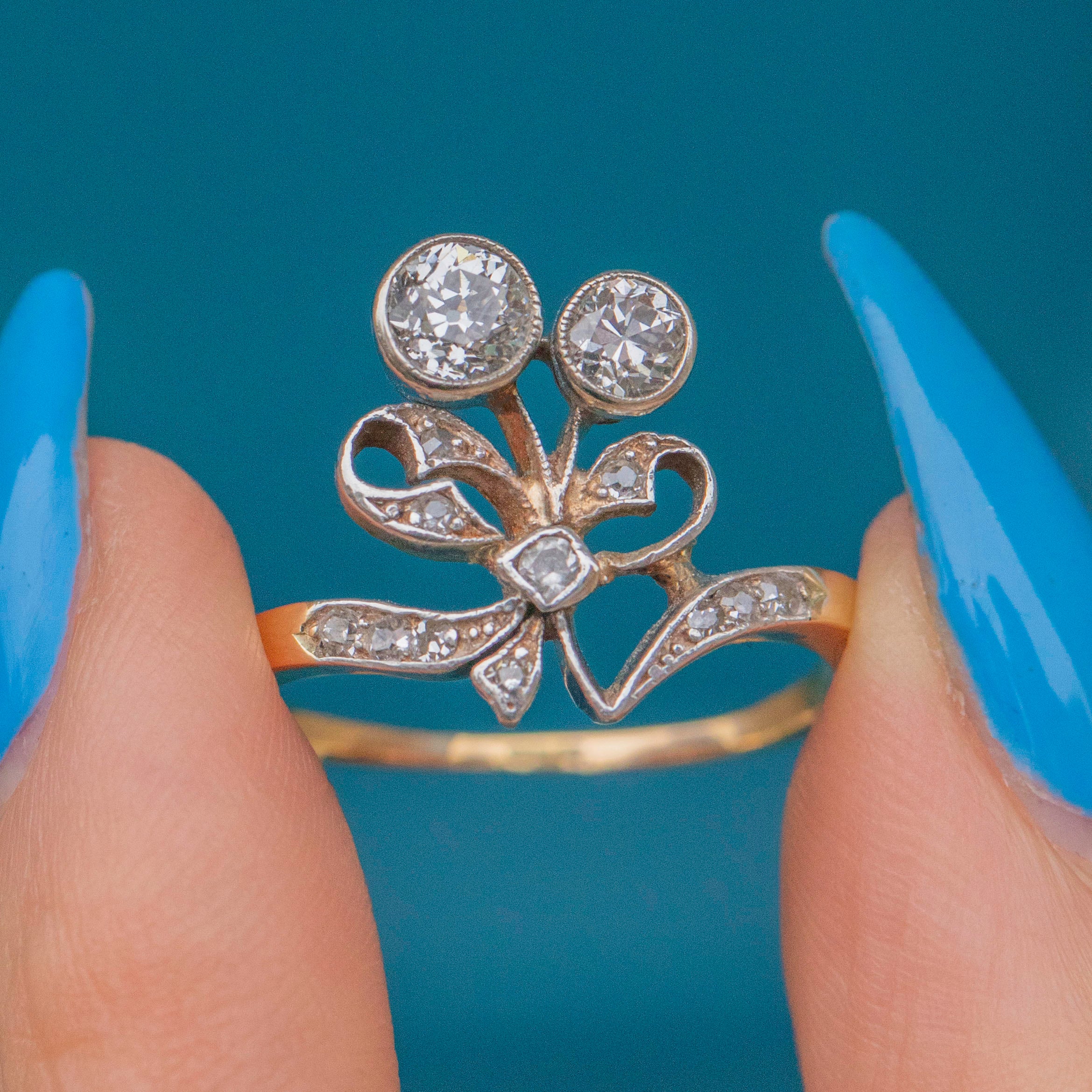Rare Antique 18ct Gold Diamond Ribbon Bow Ring - Main Image