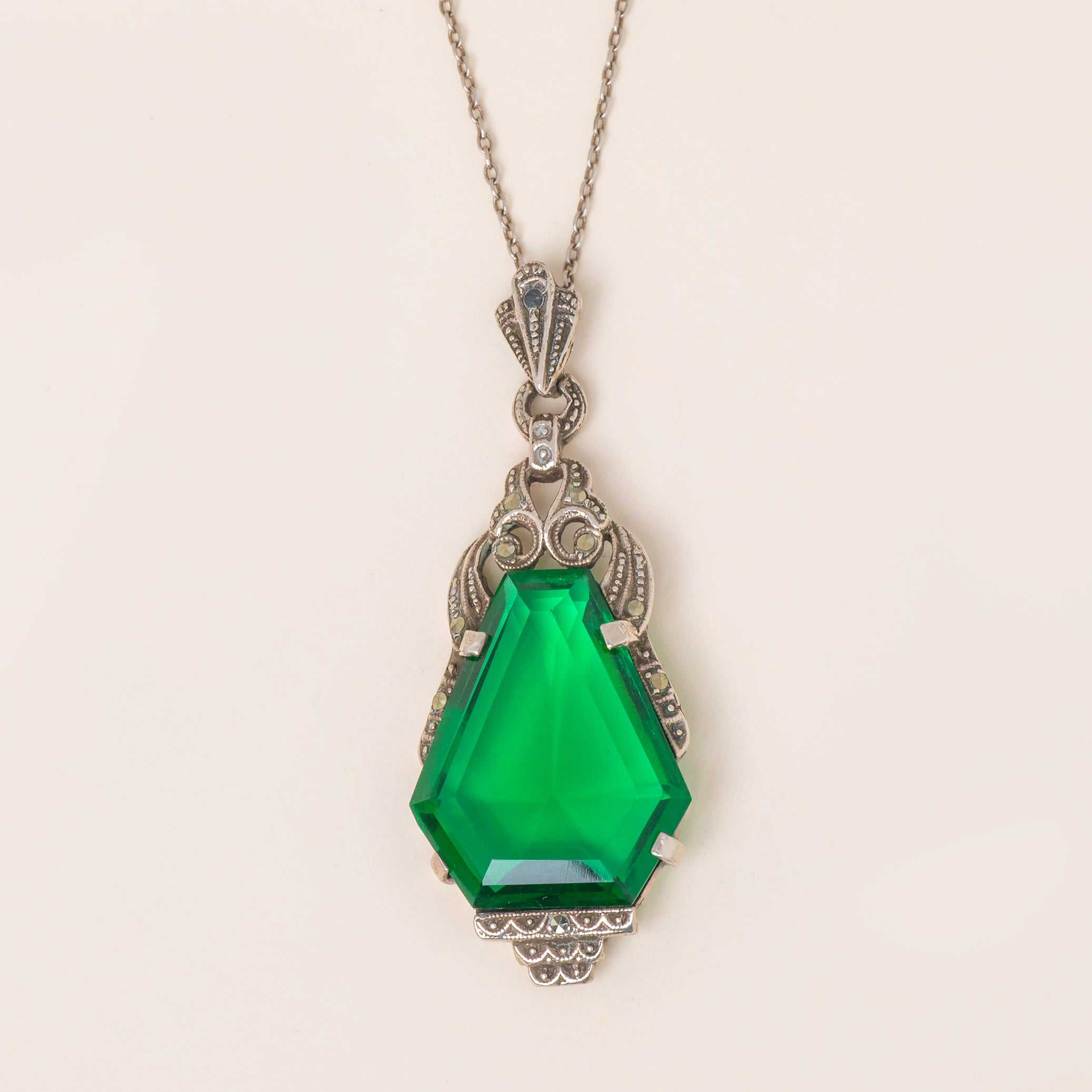 Art Deco Green Paste Marcasite Drop Pendant, with Chain