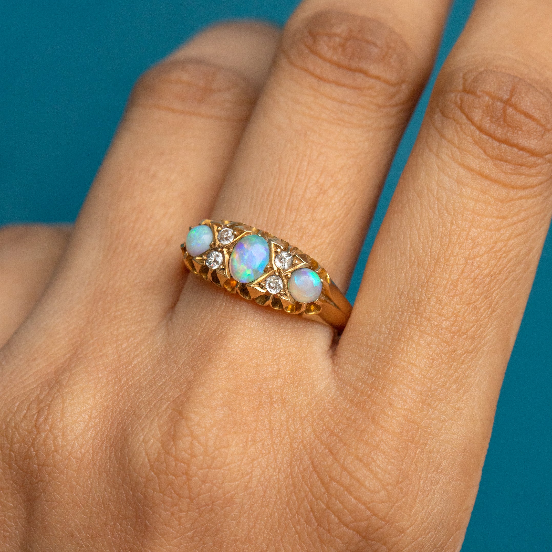 Antique 18ct Gold Opal Diamond Three Stone Ring, Opal