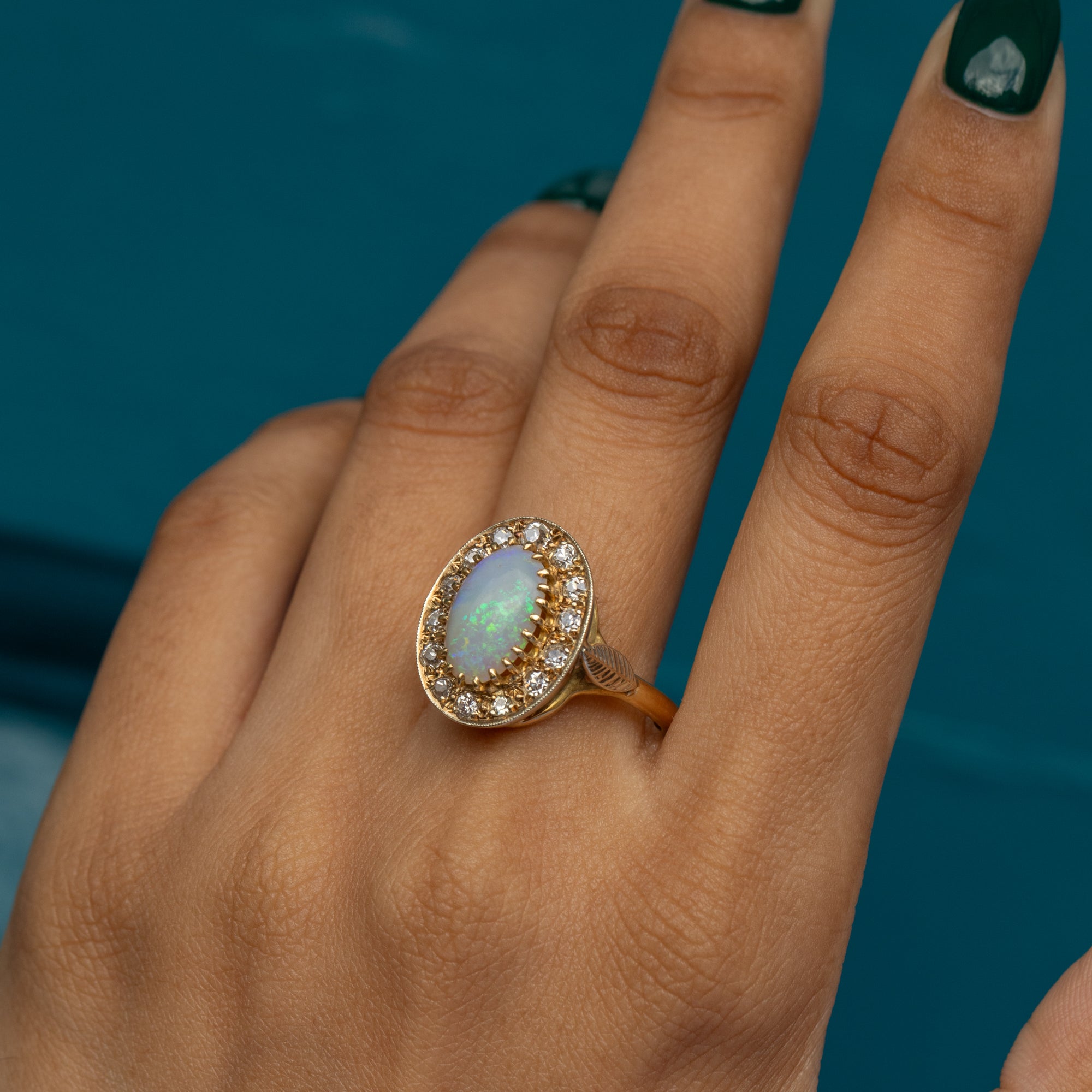 Art Deco 18ct Gold Opal Diamond Cluster Ring,