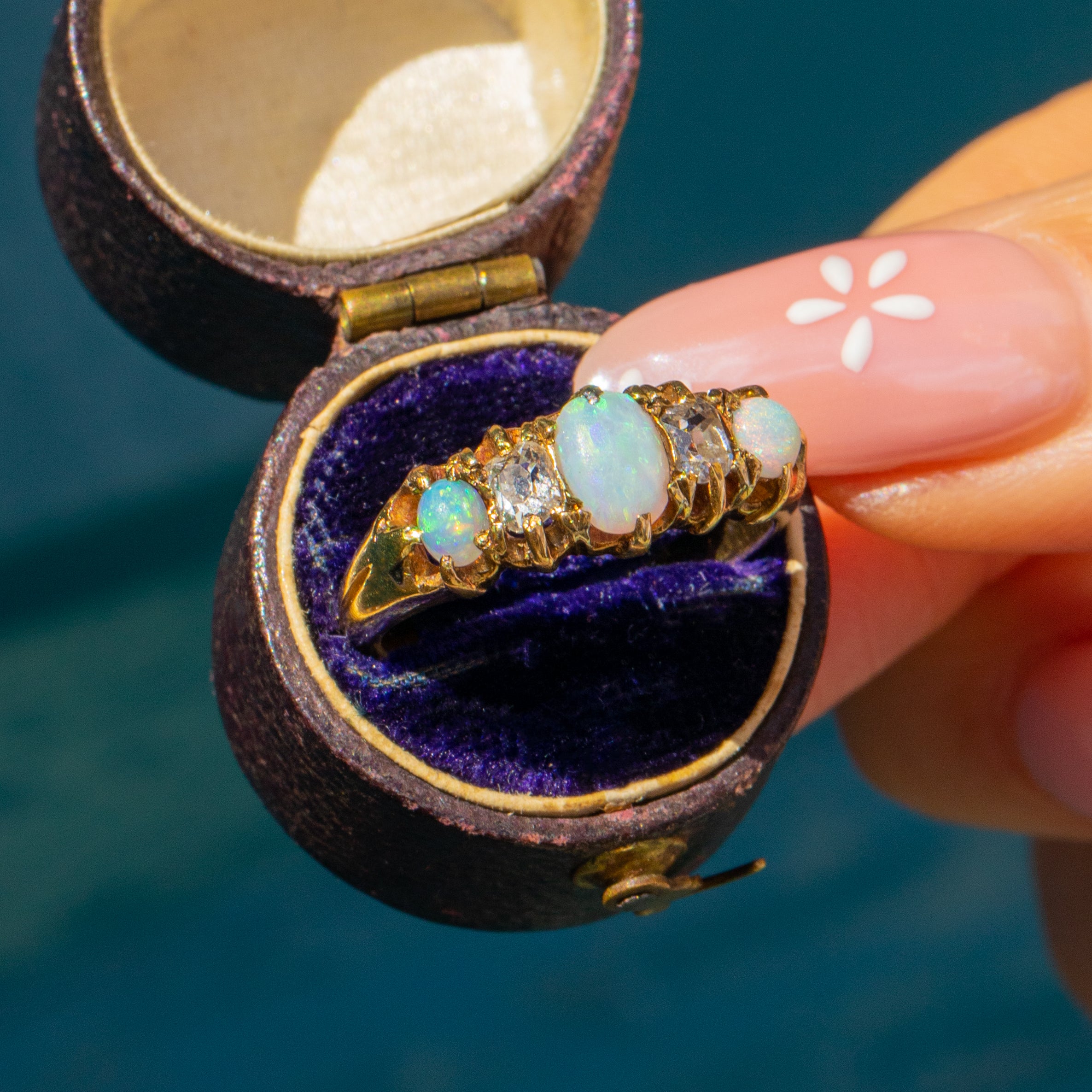 Antique 15ct Gold Opal Diamond Boat Ring, Diamond