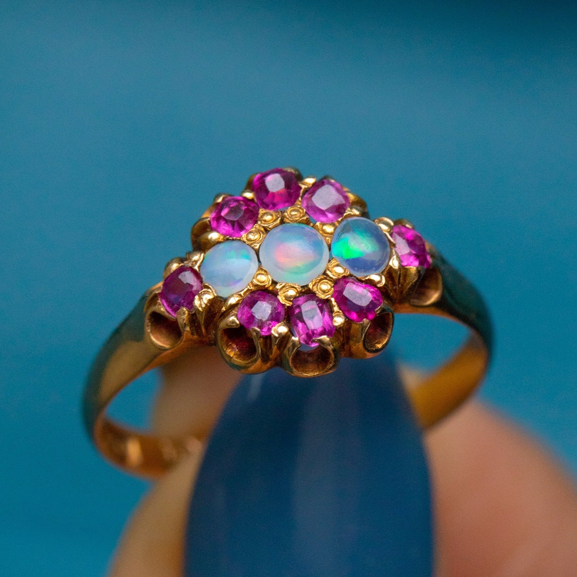 Antique 15ct Gold Opal Ruby Cluster Ring, - Main Image