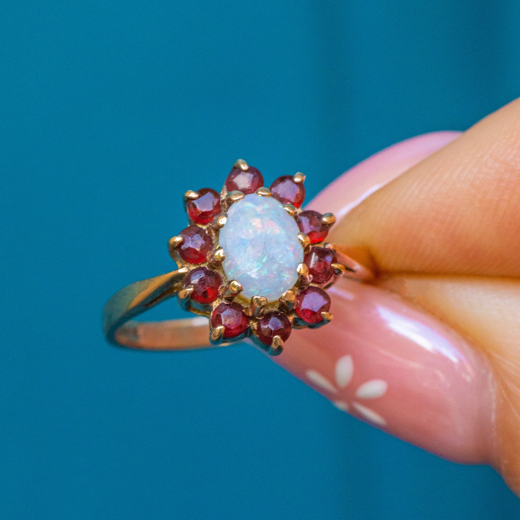 9ct Gold Opal Garnet Flower Cluster Ring, Opal - Main Image