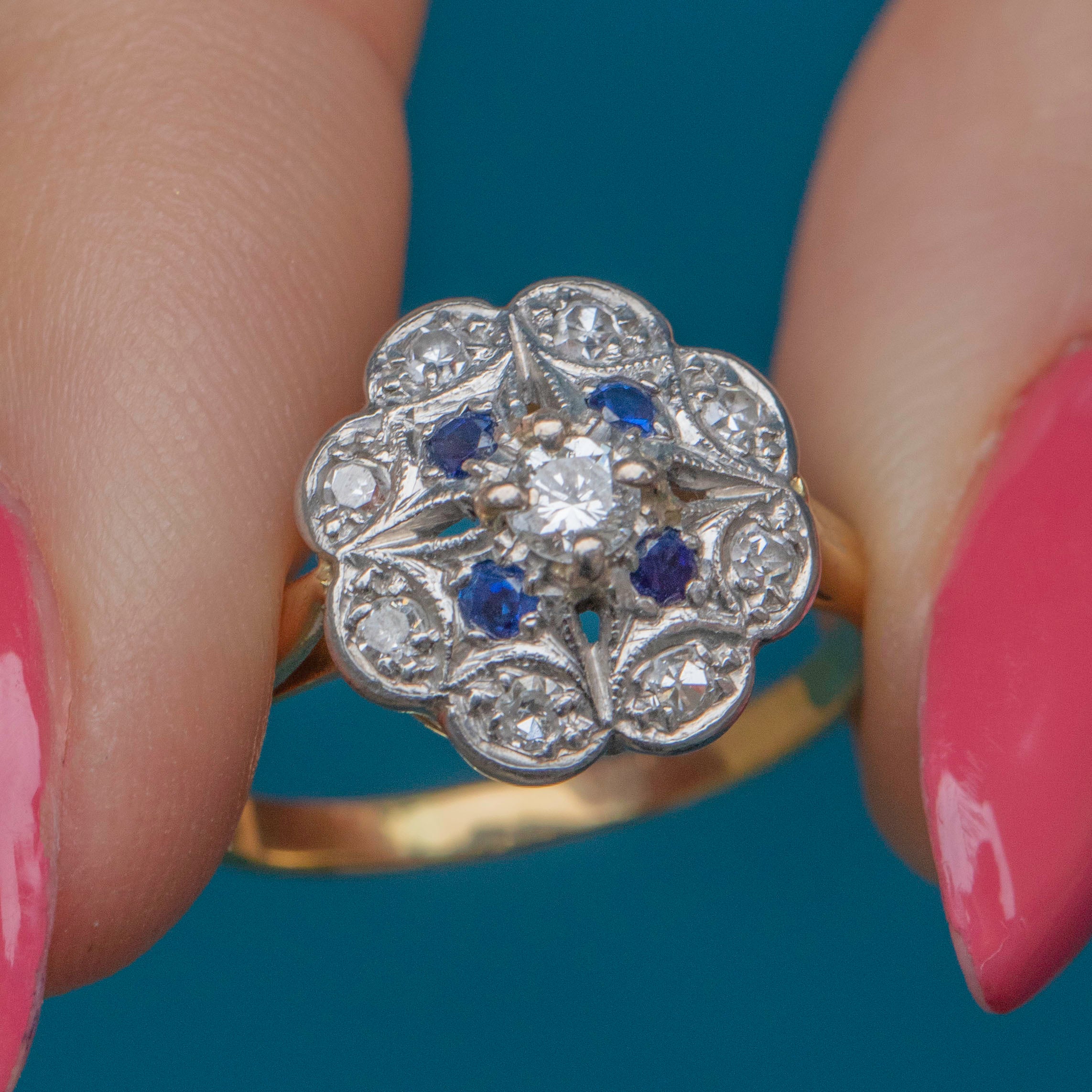 Art Deco 18ct Gold Sapphire Diamond Flower Cluster Ring, 0.41ct