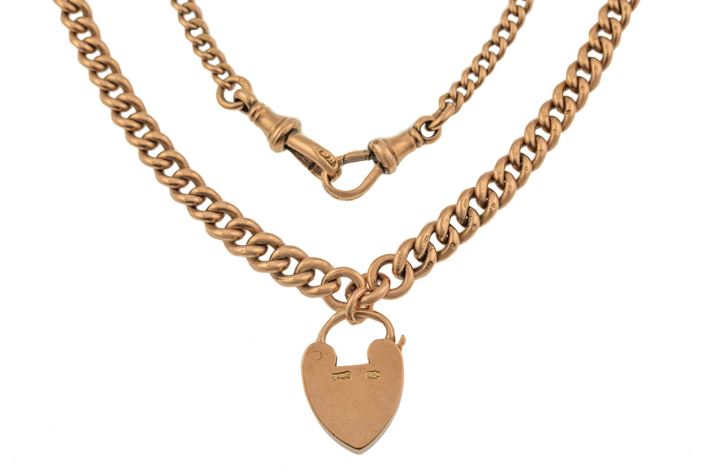 16" Heavy 9ct Rose Gold Albert Chain, with 2 x Matching Antique Dog-Clips and Heart Padlock (36g)