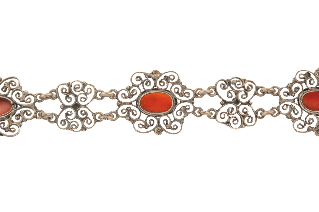 Art Nouveau Coral Silver Cannetille Bracelet, 7"