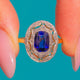 French 18ct Gold Sapphire Diamond Cluster Ring, front of synthetic Sapphire cluster