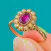 Antique 9ct Gold Garnet Pearl Cluster Flower Ring