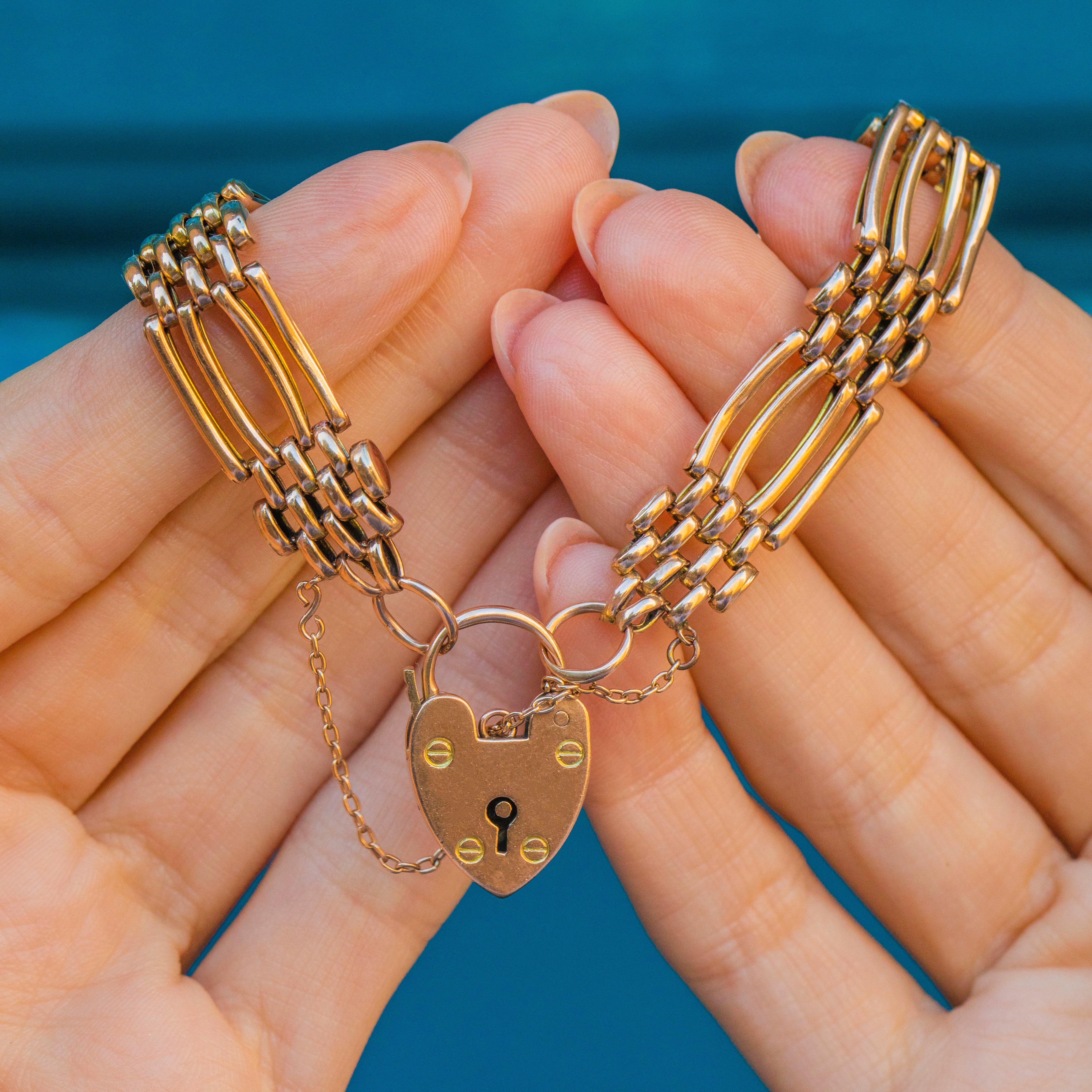 Gate Bracelets Antique 9ct Gold Gate Bracelet with Heart Padlock