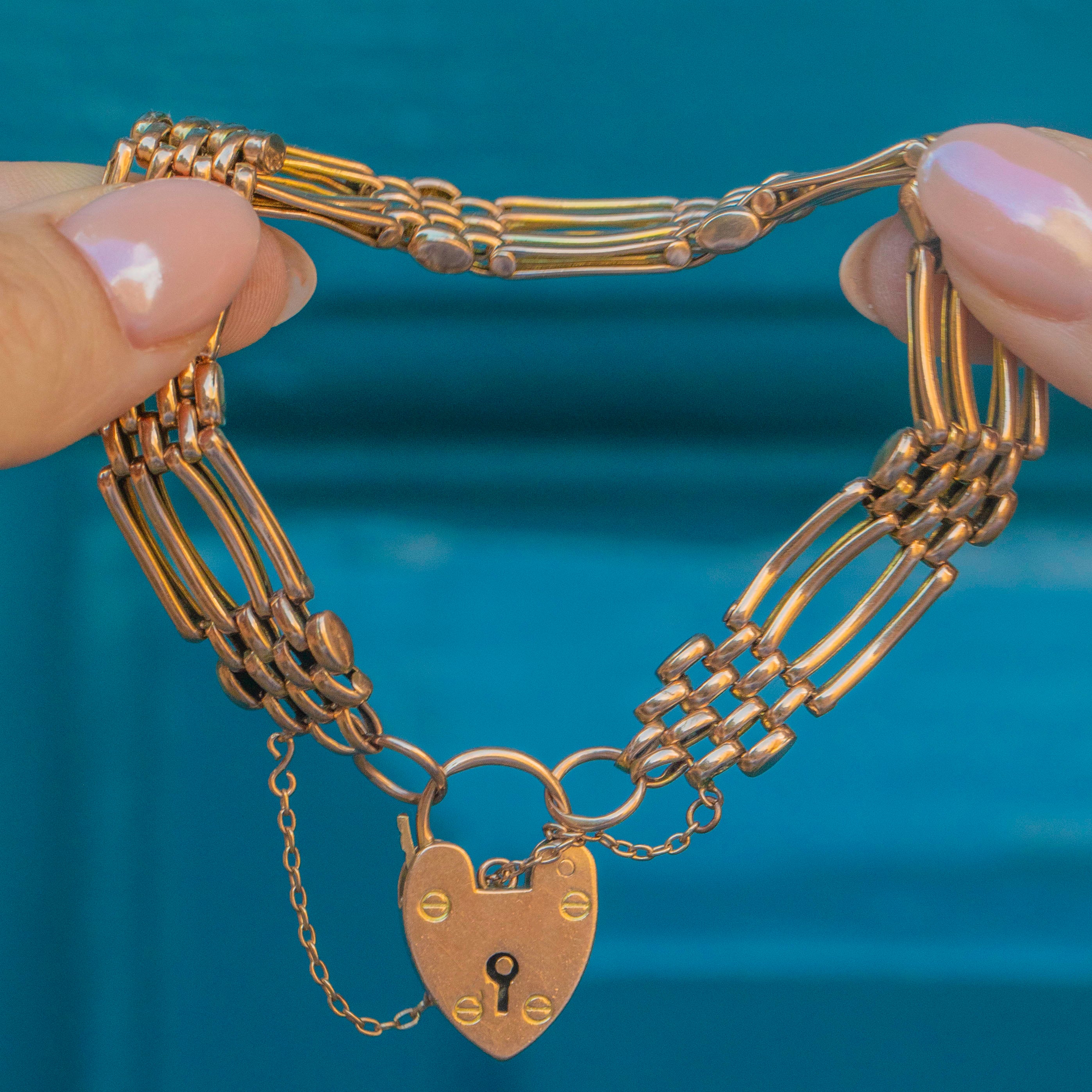 Gate Bracelets Antique 9ct Gold Gate Bracelet with Heart Padlock