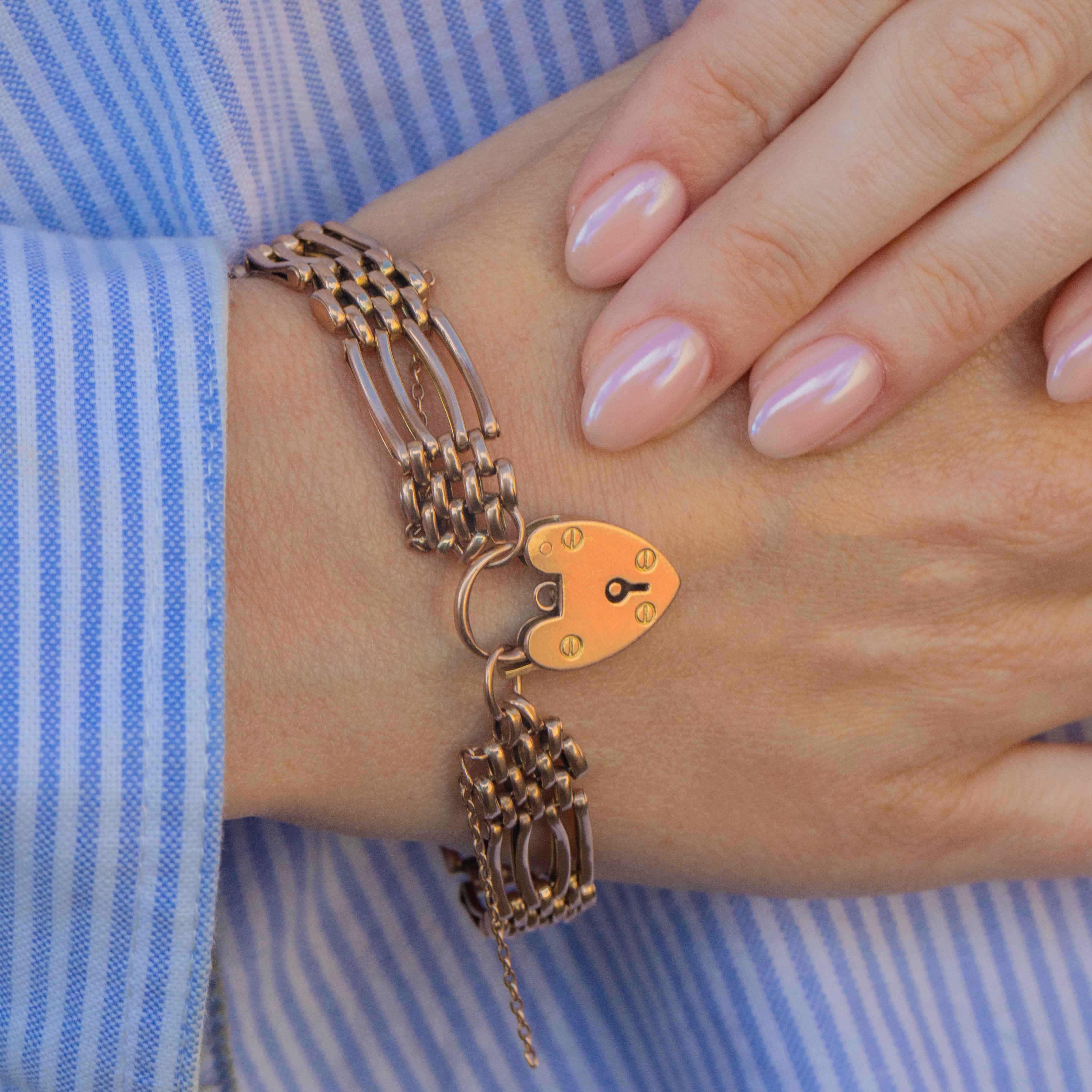Gate Bracelets Antique 9ct Gold Gate Bracelet with Heart Padlock