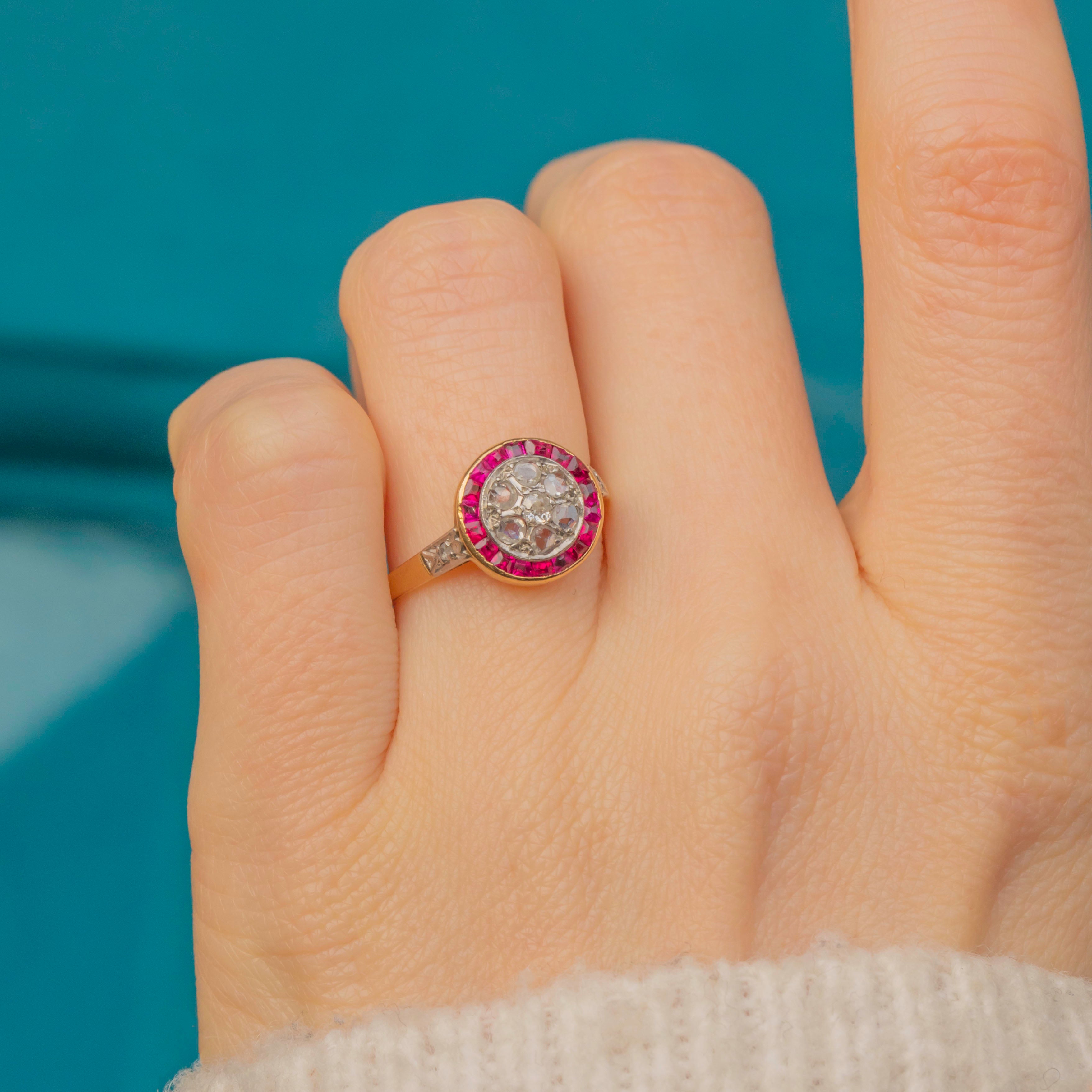 Rings Target Design French Art Deco 18ct Gold Ruby Diamond Target Cluster Ring