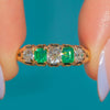 Victorian 18ct Gold Old Mine Cut Diamond Emerald Five Stone Ring, Carved Shoulders
