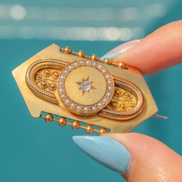 Victorian Etruscan Revival 18ct Gold Diamond Pearl Brooch, Locket Back