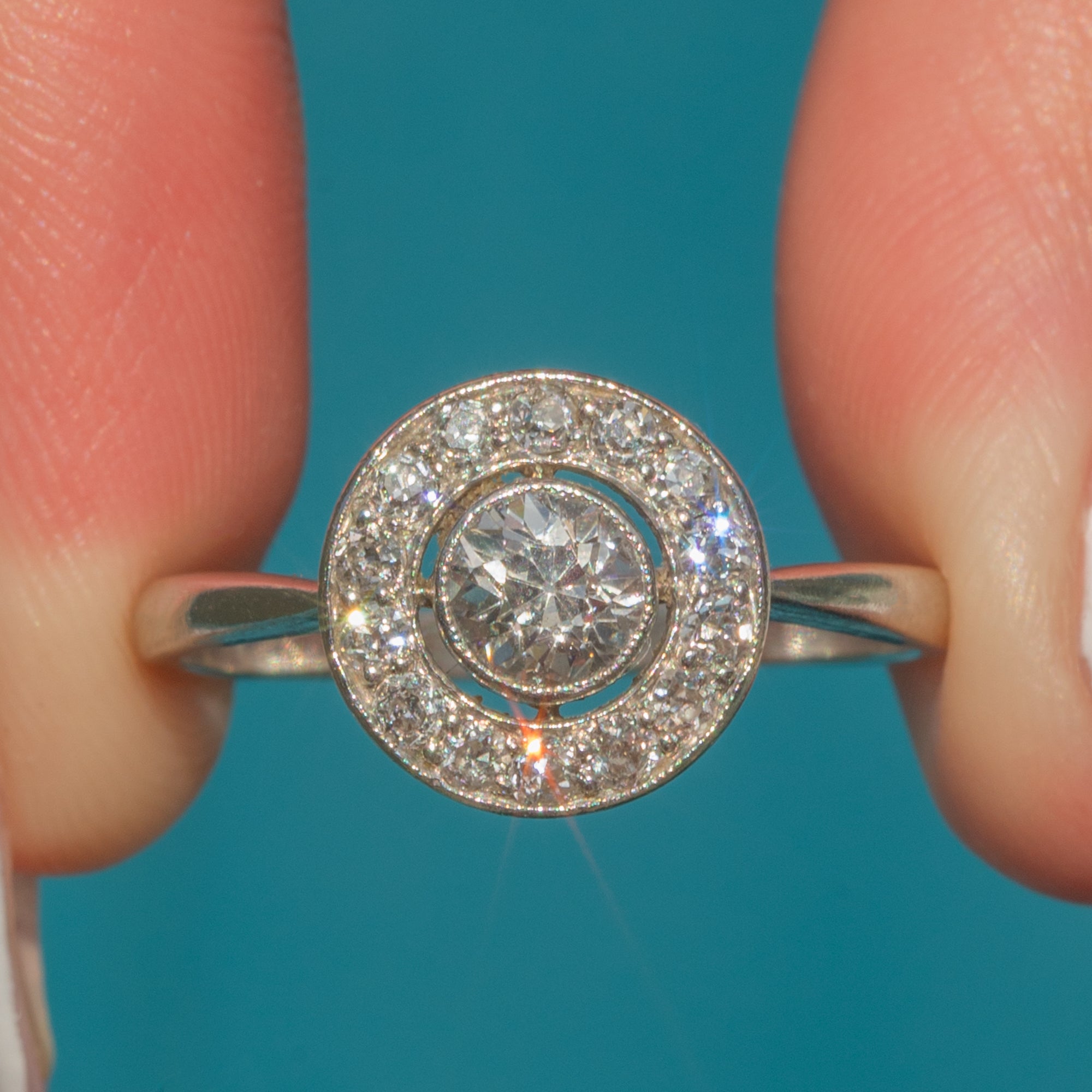 Rings Target Design Art Deco Platinum Diamond Target Cluster Ring 0.65ct