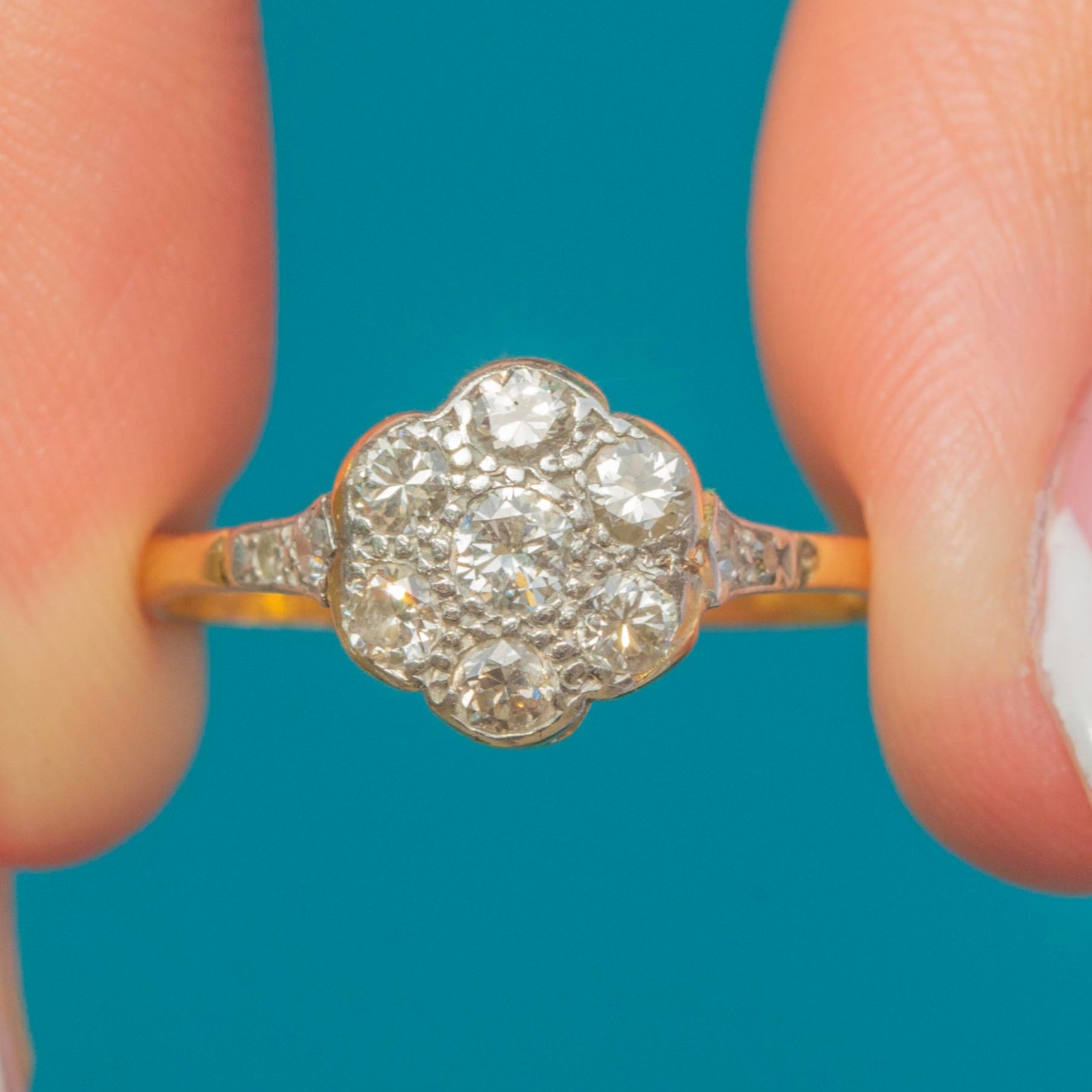 Daisy Rint Art Deco 18ct Gold Diamond Daisy Cluster Ring with Diamond Shoulders,