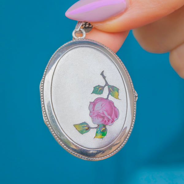 Edwardian Silver Enamel Rose Locket with 23