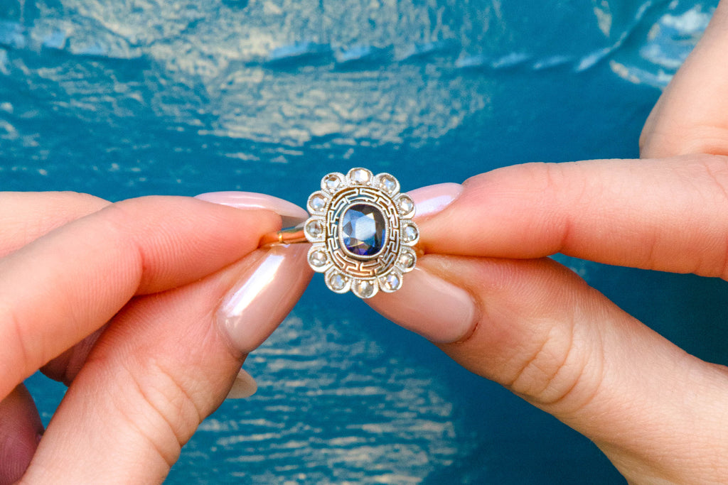 Antique 18ct Gold Natural Sapphire Rose-cut-Diamond Diamond Greek Key Motif Cluster Ring