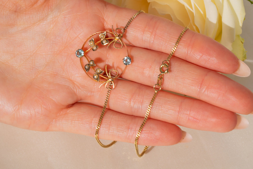Edwardian 9ct Gold Aquamarine Pearl Necklace, 0.37ct