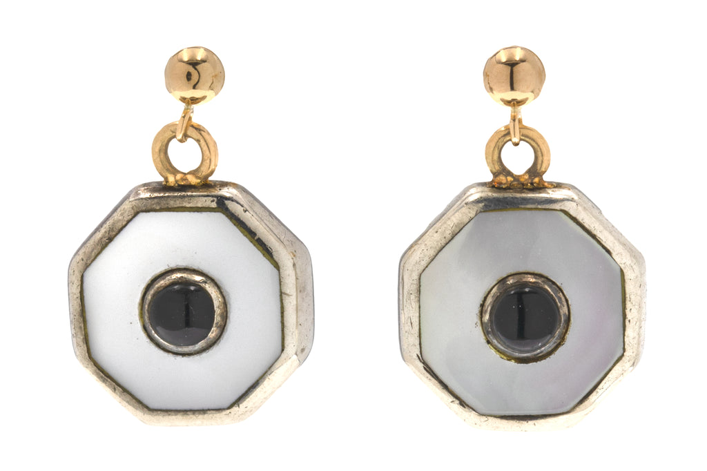 Art Deco 9ct Gold & Silver Mother Of Pearl Onyx Earrings