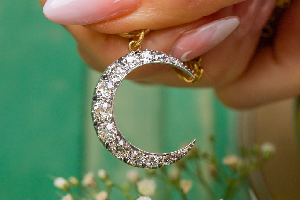 Victorian 15ct Gold Diamond Crescent Moon Pendant, 2.00ct