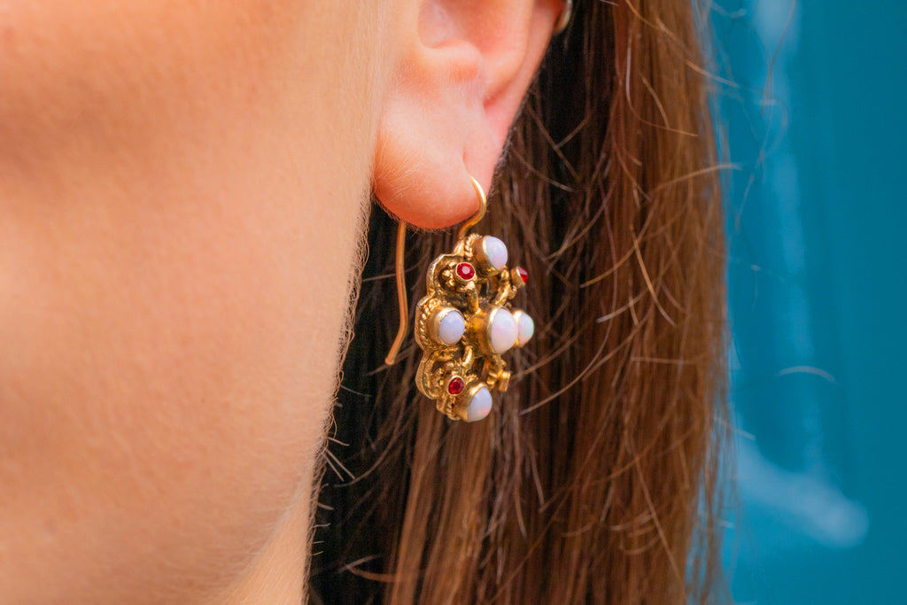Austro Hungarian Opal & Red Paste Earrings, 9ct Hooks