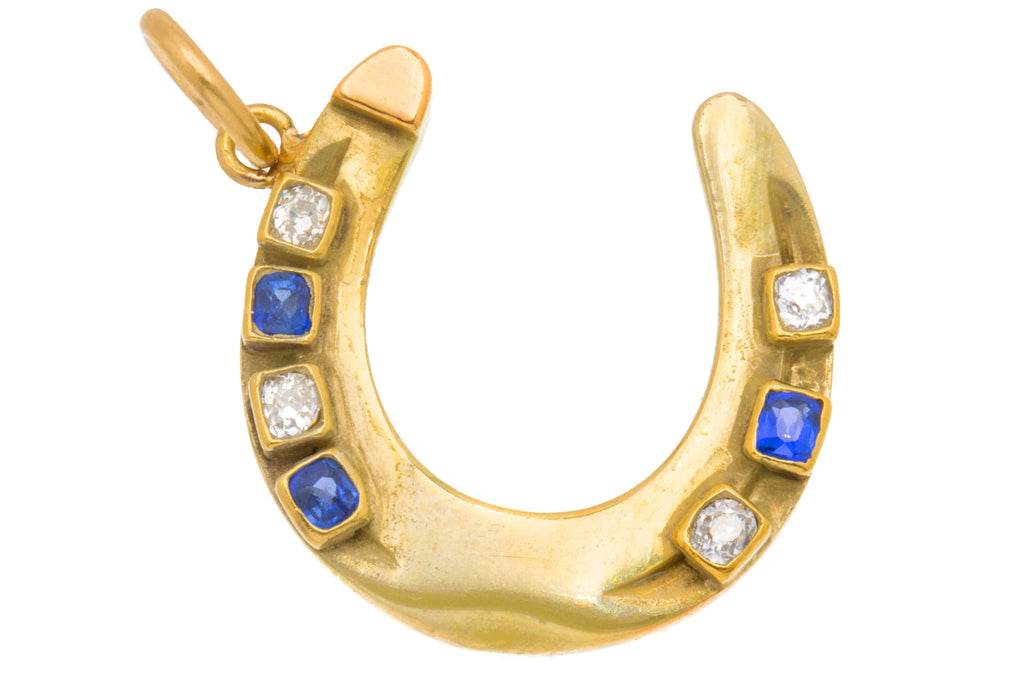 Antique 18ct Gold Sapphire & Diamond Horseshoe Pendant
