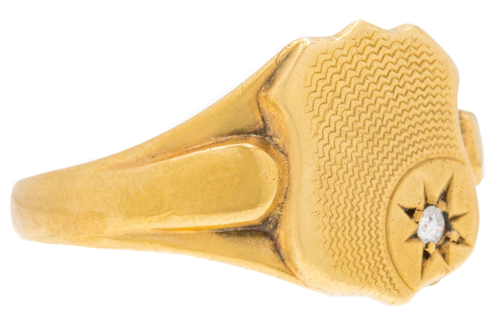 9ct Gold Diamond Shield Signet Ring, 4g