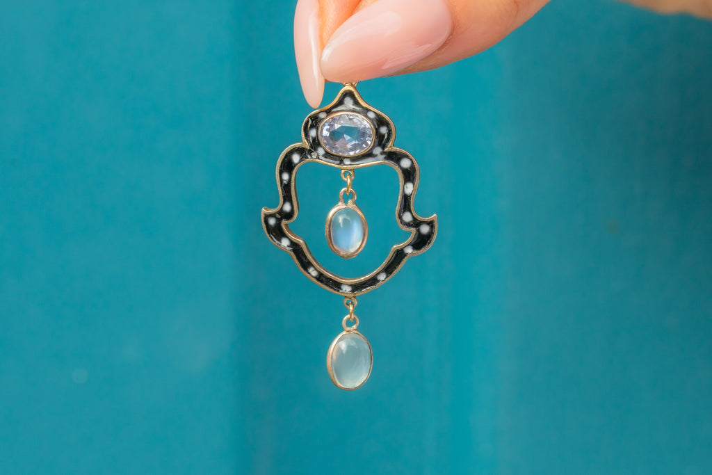 Antique Silver Sapphire Moonstone Enamel Drop Pendant, 1.20ct Sapphire