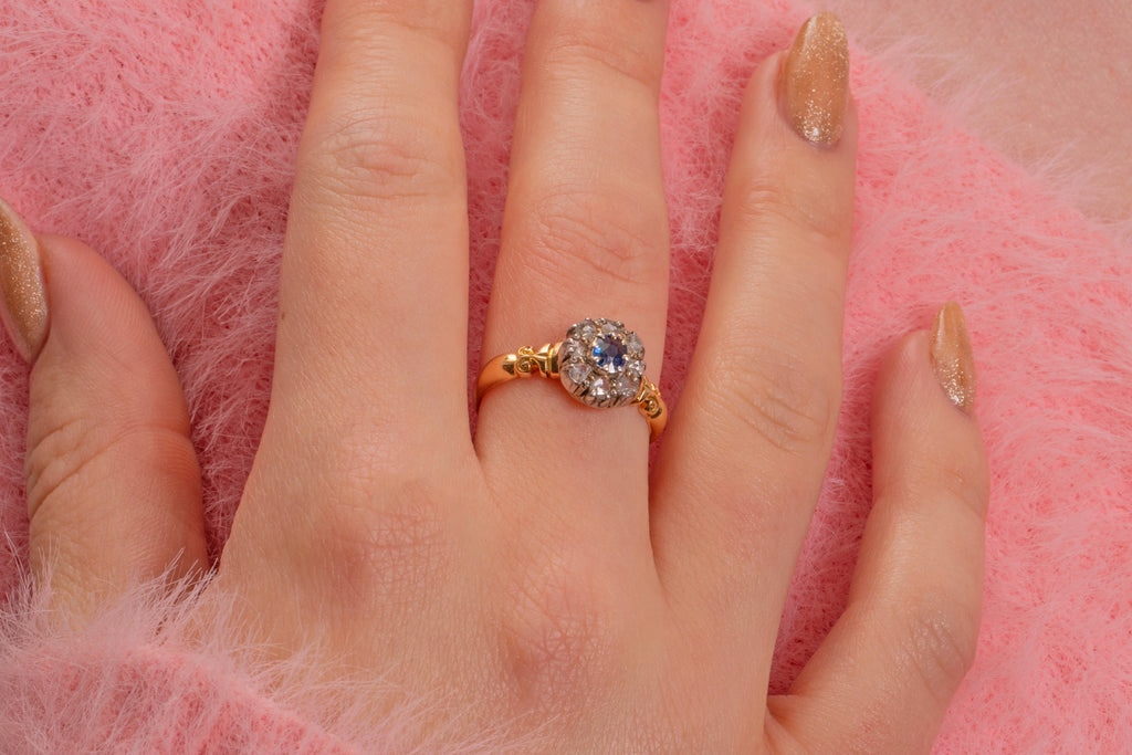 Antique 18ct Gold Sapphire & Diamond Cluster Ring, 0.25ct Sapphire