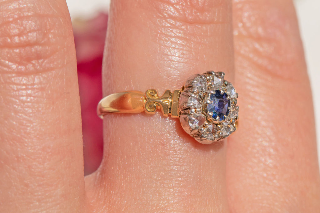 Antique 18ct Gold Sapphire & Diamond Cluster Ring, 0.25ct Sapphire