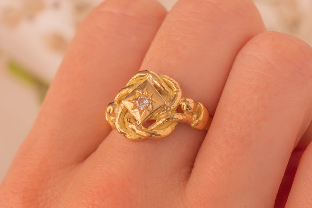 Heavy Antique 18ct Gold Diamond Lover's Knot Ring