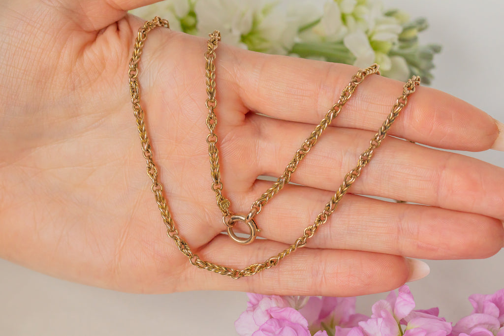 22" Antique 15ct Gold Lover's Knot & Wheat Link Chain, 14.1g