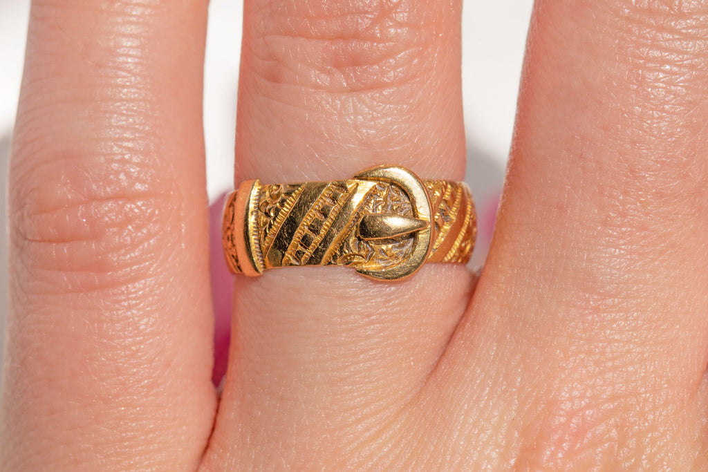 Antique 18ct Gold Engraved Buckle Ring c.1886