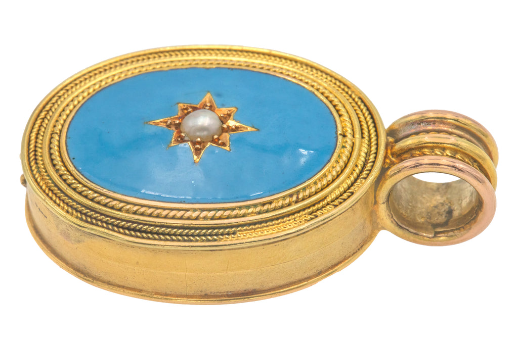 Victorian 18ct Gold Blue Enamel & Pearl Star Locket