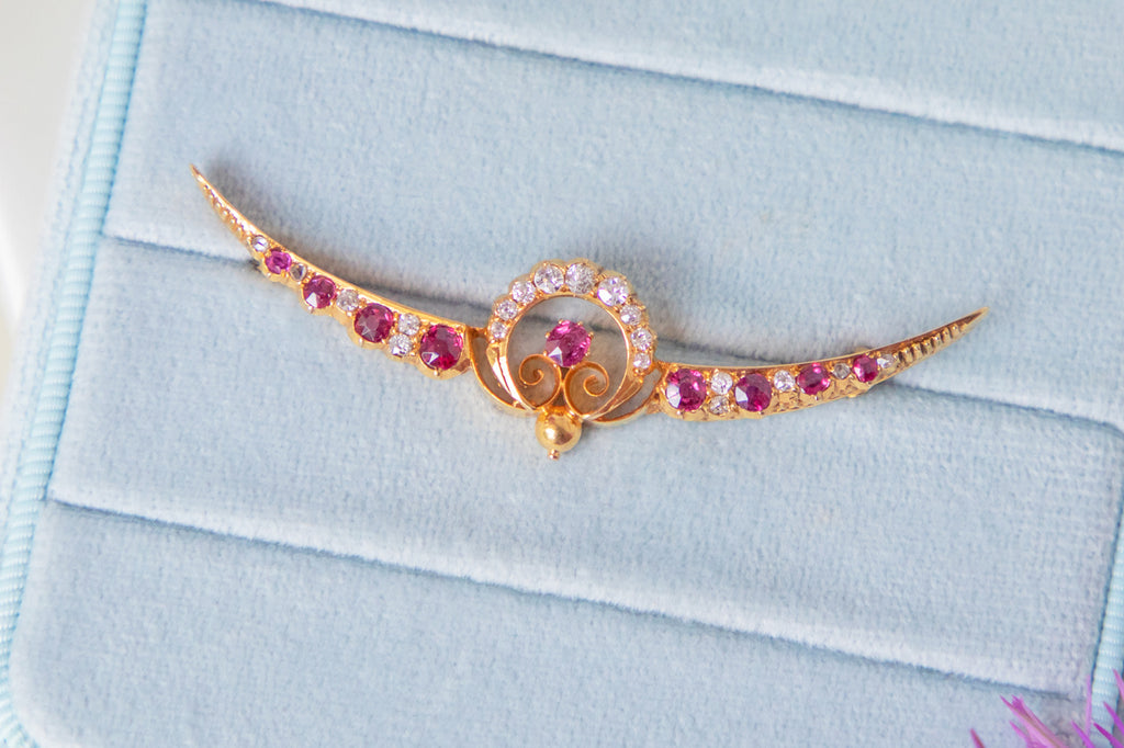 Antique 15ct Gold Ruby Diamond Crescent Moon Brooch