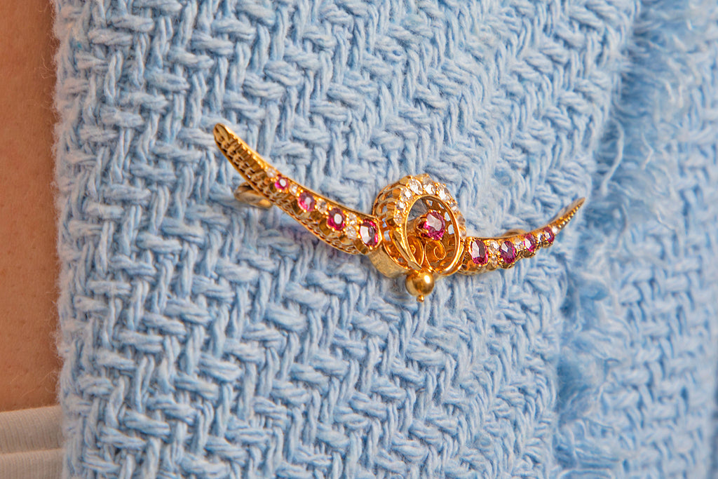 Antique 15ct Gold Ruby Diamond Crescent Moon Brooch